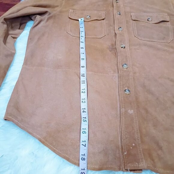 Bullock & Jones Mens Medium Suede Button-Up Shirt In Tan With Double Flap Pocket - Picture 7 of 16